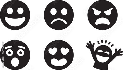 Expressive Emoticons Collection Black Silhouette on Transparent Background Vector
