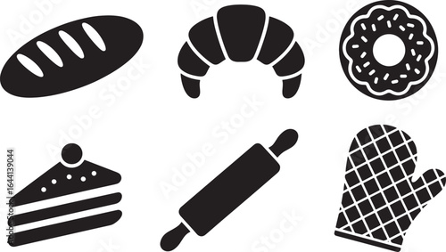 Bakery Icons Set Bread Croissant Donut Cake Rolling Pin Oven Mitt Black Silhouette on Transparent