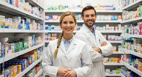 Photo of two pharmacists standing in a drugstore smiling at camera