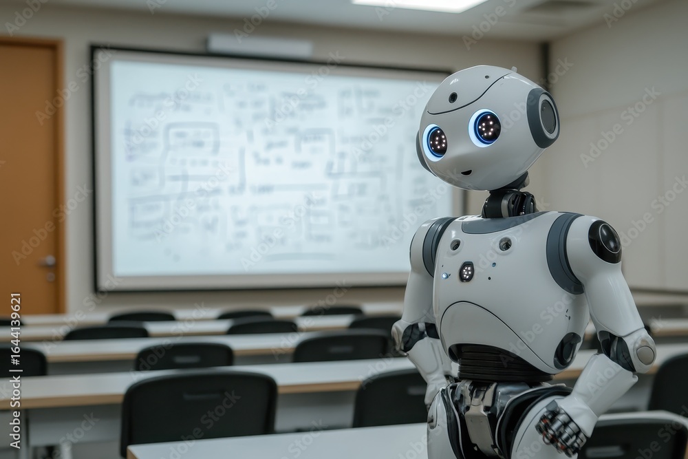 Fototapeta premium Friendly humanoid robot stands in a modern classroom with a projector screen displaying complex equations