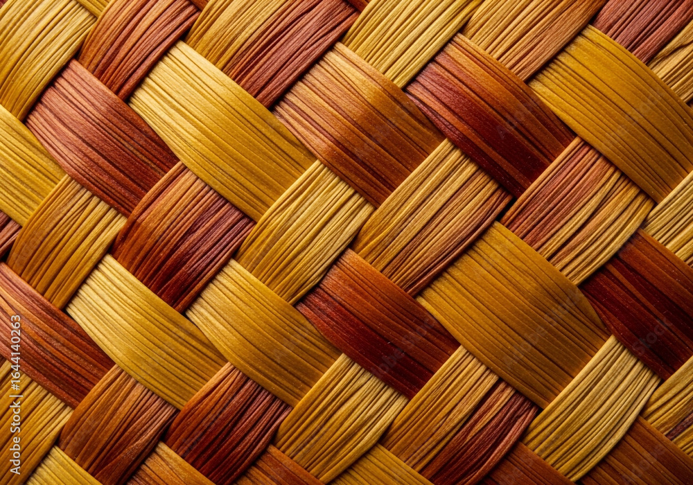 Obraz premium Closeup macro view of a woven texture pattern made of natural fibers in warm brown, gold, and red tones, showcasing intricate craftsmanship and detail