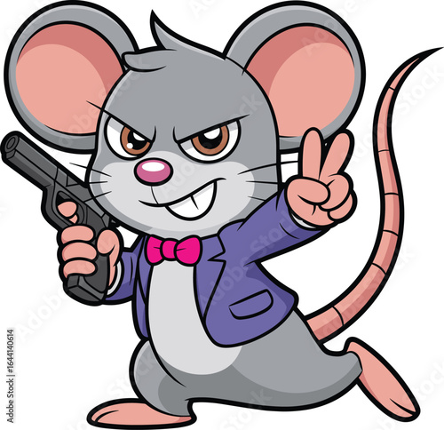 Cartoon gray mouse in purple jacket and pink bow tie holding gun, making peace sign, aggressive expression, vector illustration, isolated