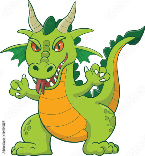 Cartoon green dragon with orange belly, raised claws, red eyes, spiked tail, playful expression, fantasy creature, vector illustration