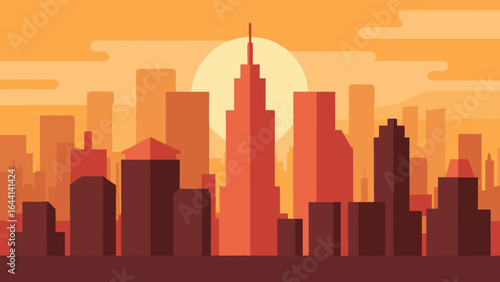 business district skyline bathed in warm early morning