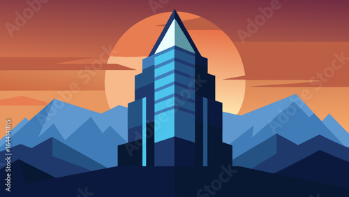 Mountain Backdrop Behind Glass Corporate Tower