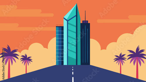 Modern Skyscraper Beside Palm Fringed Boulevard