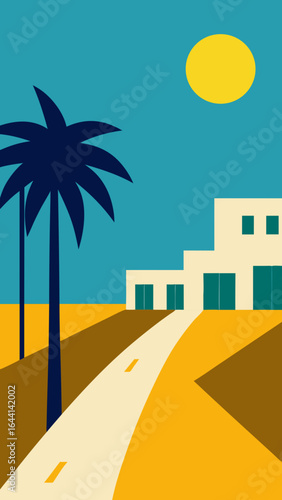 sunlit headquarters beside long palm lined driveway