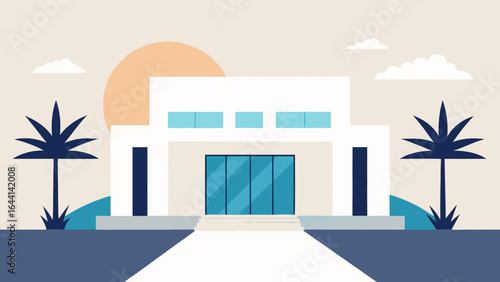 sleek white corporate headquarters with palm lined street