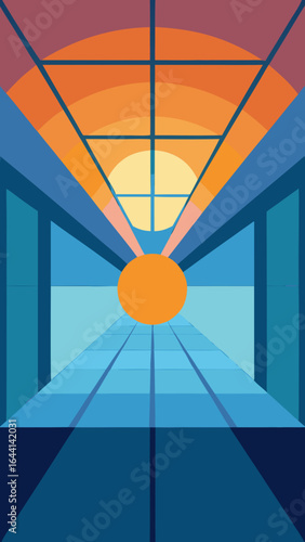 sunrise filtering into atrium through skylight