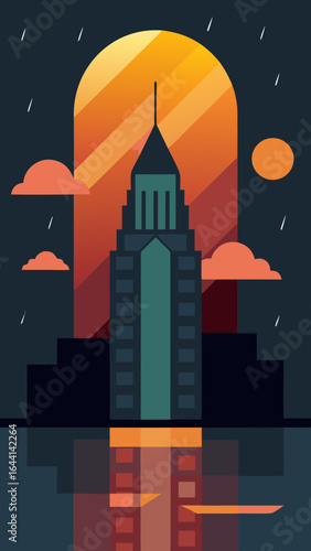 sunrise reflecting on skyscraper in rainy street