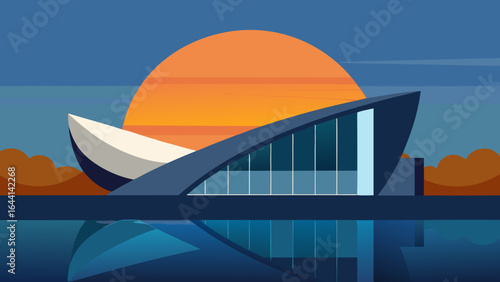 sunrise reflecting on curved steel headquarters building