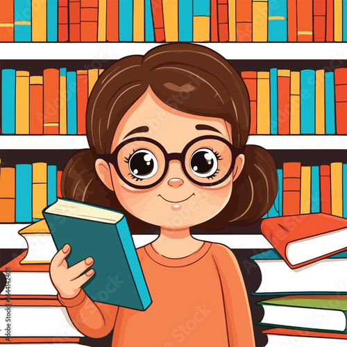Cartoon Girl Reading in Library - Colorful Illustration for Children's Books, Educational Materials, and Home Decor, featuring stacks of books and a charming, inquisitive expression.
