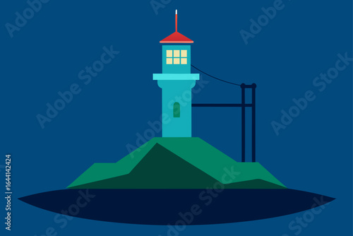 tower on island with illuminated suspension bridge