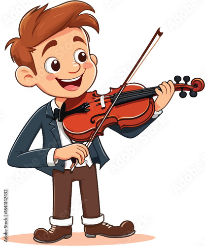 Joyful Cartoon Boy Playing Violin - Musical Education Illustration for Children's Books, Music Class Materials, and Performance Posters