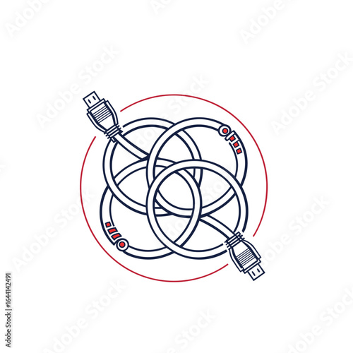 "Vector Illustration of Tangled USB Cables – Stylized Knot of Two Intertwined USB Connectors Enclosed in Red Circle – Conceptual Flat Design Representing Connectivity Problems, Tech Frustration, Digit
