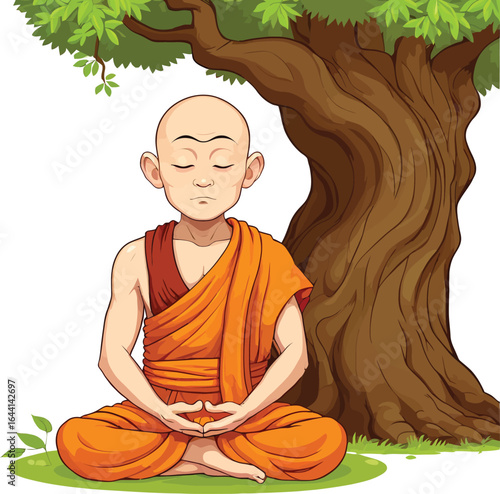 Cartoon Monk Meditating Under a Tree - Peaceful Meditation, Tranquil Scenery for Wellness and Spiritual Concepts, Illustration for Relaxation and Mindfulness