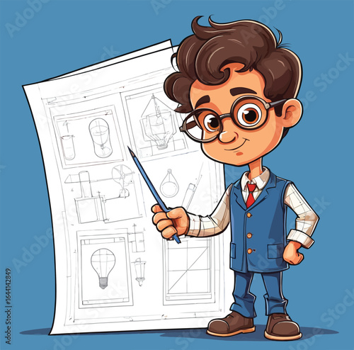 Cartoon Boy Explaining DIY Lighting Plans - Illustration for Education, Instruction, and Home Improvement Concepts.