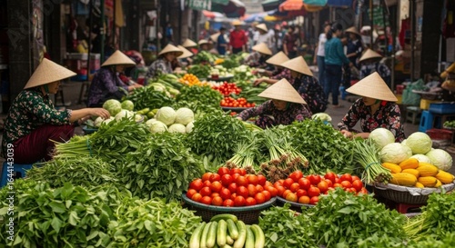 Vietnamese Market Scene Vendors Sell Fresh Produce, Fruits, Vegetables, and Traditional Hats.