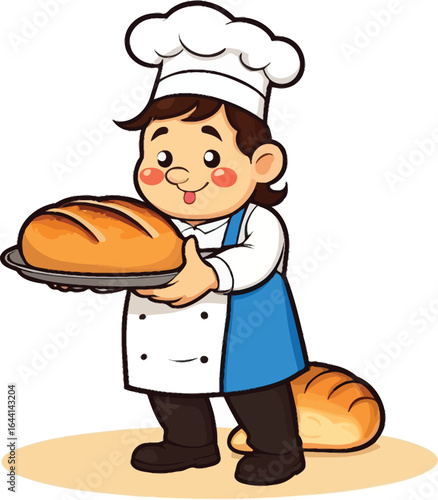 Cheerful Cartoon Baker with Fresh Baked Bread - Illustration for Children's Books, Culinary Education, and Bakery Advertising Featuring a Whimsical and Playful Aesthetic.