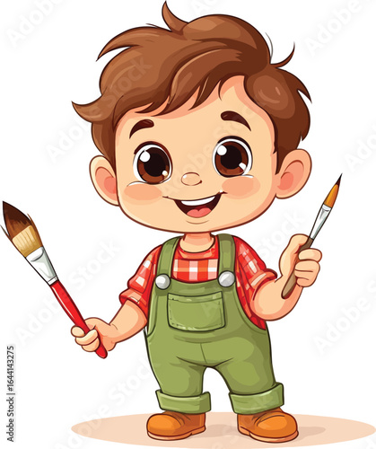 Joyful Cartoon Boy Holding Paintbrushes - DIY Art Illustration for Creative Projects, Children's Books, and Educational Materials