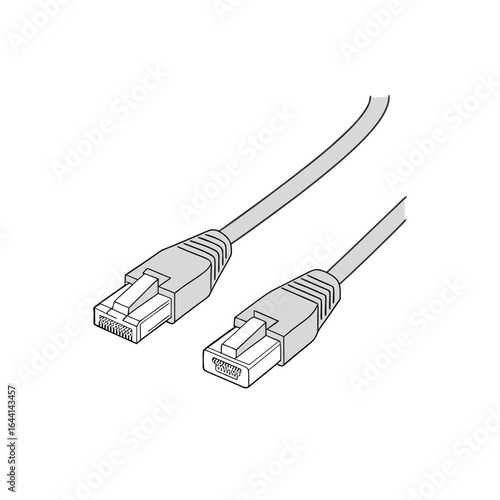 "Vector Ethernet Cable Icon – Stylized Illustration of RJ45 Connectors at Both Ends of a Black Cable – Flat Design Representing Wired Internet Connection, Networking Hardware, Data Transmission, and D