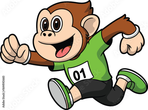 Cartoon monkey character, green shirt, number 01, black shorts, running pose, happy face, energetic stride, vector art, sporty animal, playful illustration