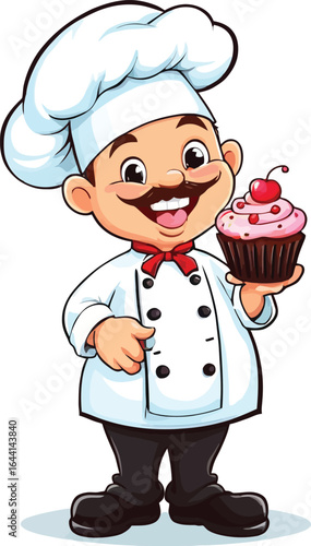 Cartoon Chef with Cupcake - Smiling Baker Character for Confectionery, Baking, and Food Illustrations, Culinary Art