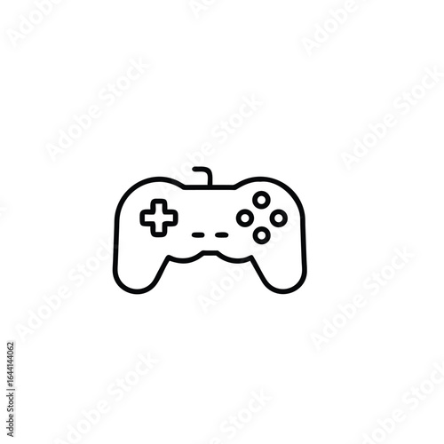 "Vector Video Game Controller Icon – Minimalist Black and White Line Drawing Featuring Directional Pad, Four Circular Buttons, and Central Controls – Flat Design Illustration Representing Gaming, Ente