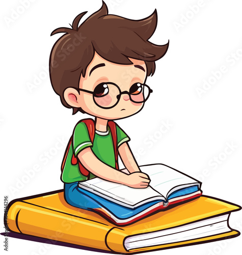 Cartoon Boy Studying - Student with Backpack Sitting on Books for Education and Learning Illustrations, Graphic Resource for Children's Content and Educational Material.