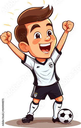 Cartoon Style Illustration of a Cheerful Boy Soccer Player Celebrating, Depicting Joyful Winning Moment for Children's Educational Resources and Sports Themed Designs, Vector Art on White Background.