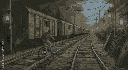 A solitary figure cycles down a train track towards a distant, dimly lit depot in a stylized, atmospheric illustration.