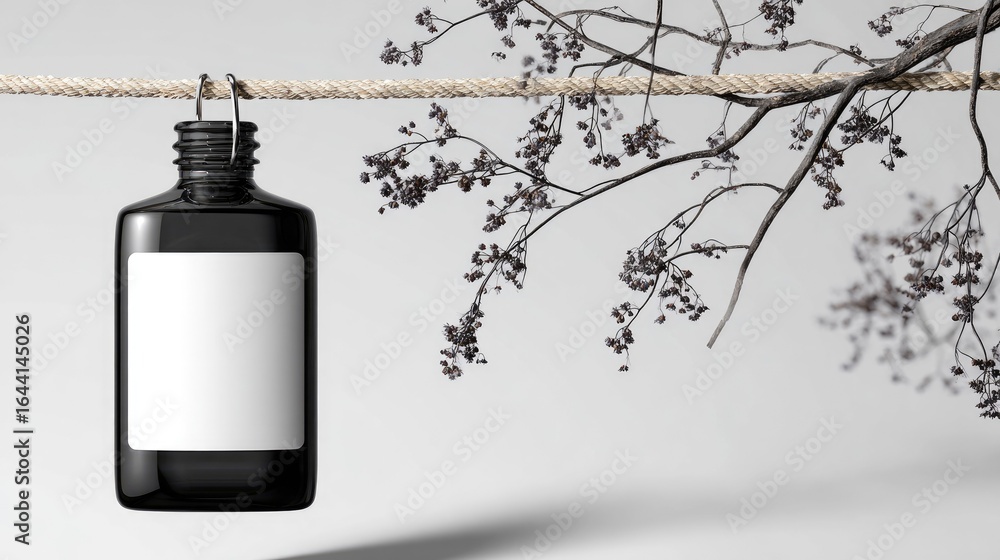 Obraz premium Black bottle with label hanging from rope with dried plant.