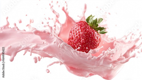 Vibrant Fresh Strawberry in Pink Yogurt Splash, High-speed Freeze Motion Photography
