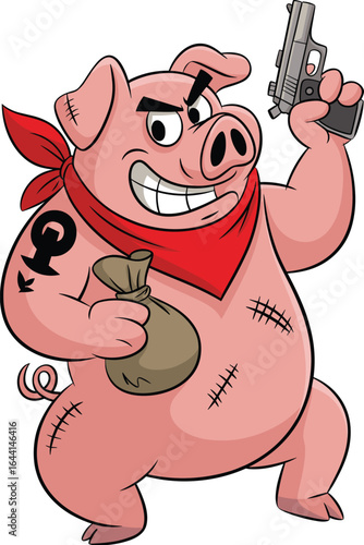 Cartoon pig with red bandana, tattoo, handgun, brown sack, rugged stitched body, mischievous expression, outlaw theme, vector illustration