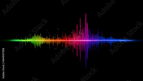 Vibrant Audio Spectrum Visualizer with Rainbow Colors on Black Background for Music and Technology Enthusiasts and Modern Design Projects