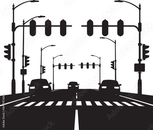 Silhouette City Road Scene with Cars Traffic Lights Urban Landscape Vector Image