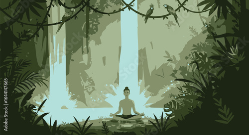 Serene Meditation Amidst Lush Jungle Waterfall and Exotic Birds
