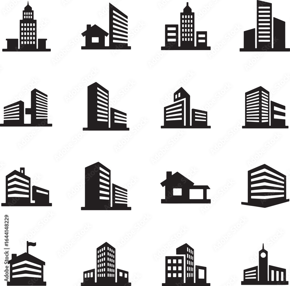 Fototapeta premium A diverse set of black and white building icons, representing modern cityscapes, corporate offices, residential homes, and commercial architecture