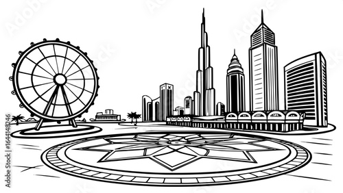 "Black and white wireframe architectural drawing of the Dubai skyline, featuring numerous skyscrapers in varied architectural styles, a large Ferris wheel on the left, and a detailed circular plaza wi