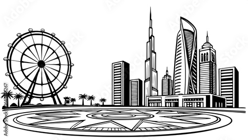 "Black and white wireframe architectural drawing of the Dubai skyline, featuring numerous skyscrapers in varied architectural styles, a large Ferris wheel on the left, and a detailed circular plaza wi