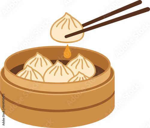 Xiao Long Bao Soup Dumplings in a Steamer with Chopsticks Vector Illustration, Plate of Dumplings , transparent background