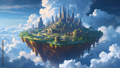 Concept art of floating city island in clouds for fantasy world design
