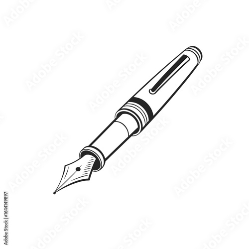 "Vector Fountain Pen Icon – Minimalist Black and White Line Drawing Featuring Classic Nib, Grip Section, Barrel with Clip, and Rectangular Window – Flat Design Illustration Representing Writing, Creat