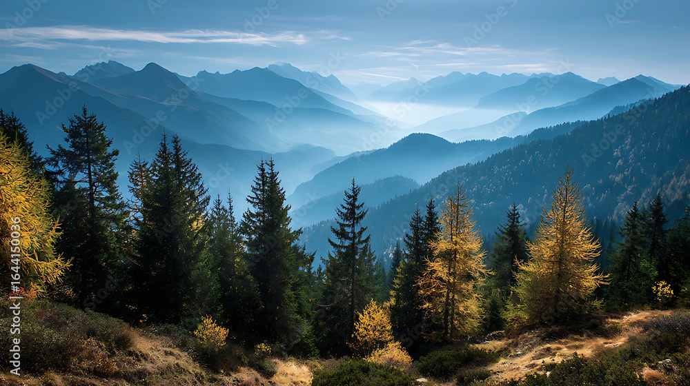Fototapeta premium Majestic mountain panorama with golden autumn trees and misty valleys mountains landscape