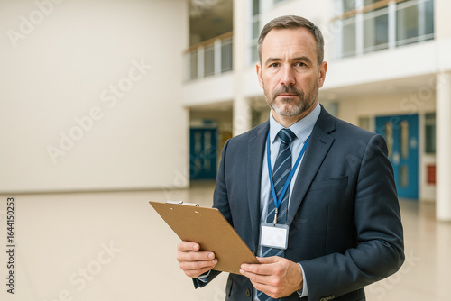 School principal in a dark suit holding a clipboard, standing in a bright and spacious atrium, projecting authority and professionalism, with ample copy space to the left.