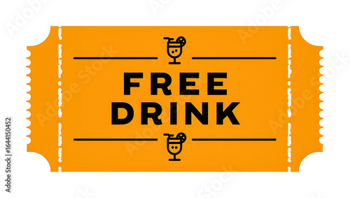 Vibrant Orange Free Drink Ticket Design with Cocktail Illustrations Promoting Special Offers and Happy Hour Promotions for Restaurant Businesses