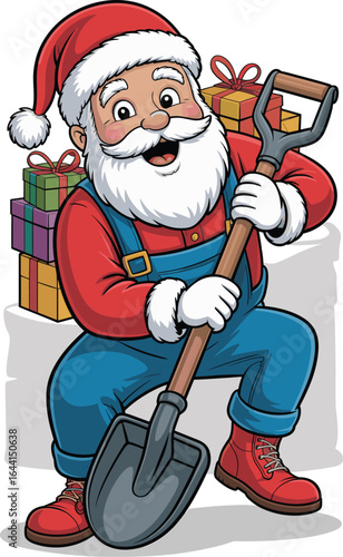 Cartoon Santa Claus shoveling, red hat, blue overalls, festive gifts, Christmas theme, white beard, shovel in hand, vector illustration