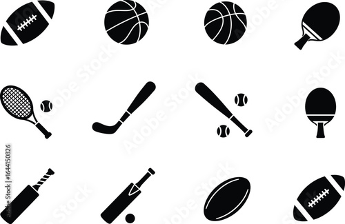 A diverse selection of sports equipment symbols for design use, Wide array of sports icons showcasing equipment, ideal for vector designs