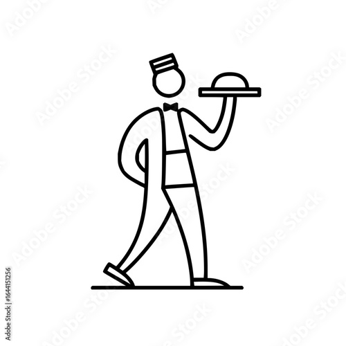 Outline waiter serving food on tray vector illustration restaurant service line art professional occupation uniform