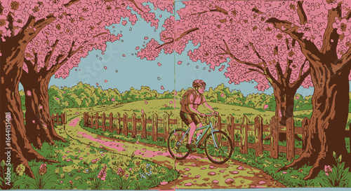 Vibrant pixel art illustration of a cyclist enjoying a serene spring day ride on a winding path, surrounded by blooming cherry trees and lush green fields.